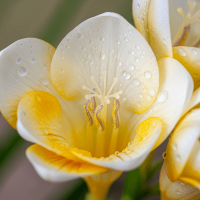 Detailed macro image of a Freesia (flowers), focusing on the intricate structure of petals, stamens, and pistil