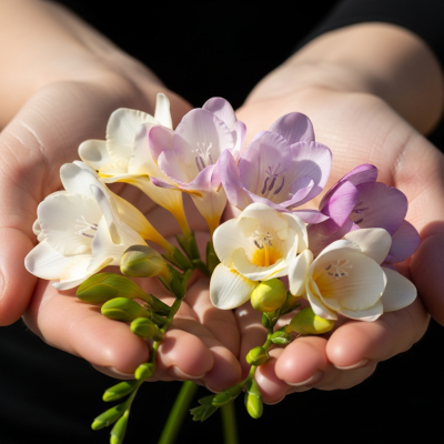 Photograph of a Freesia (flowers) being held or interacted with by a person in a gentle way