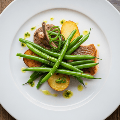 Image of cooked French Bean (beans) presented as part of a traditional dish or cuisine, plated attractively and photographed from above