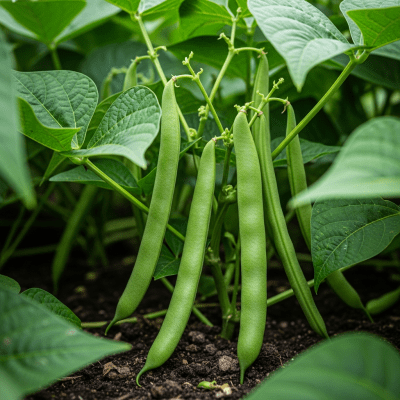 An image of French Bean, belonging to the taxonomy beans, displayed in its natural environment—such as growing on a plant or vine, surrounded by leaves and soil