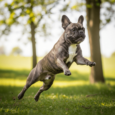 Full body action shot of a French Bulldog