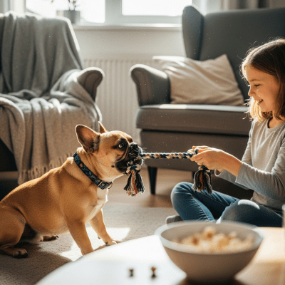 Image of a French Bulldog interacting with humans in a typical cultural or domestic setting