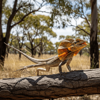 A dynamic action scene featuring a single Frilled Lizard (lizards) running, climbing, or catching prey in its typical environment