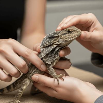 Image of a Frilled Lizard interacting with humans in a responsible pet-keeping context