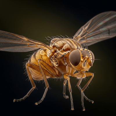 Striking editorial-style portrait of a single Fruit Fly, from the taxonomy insects.
