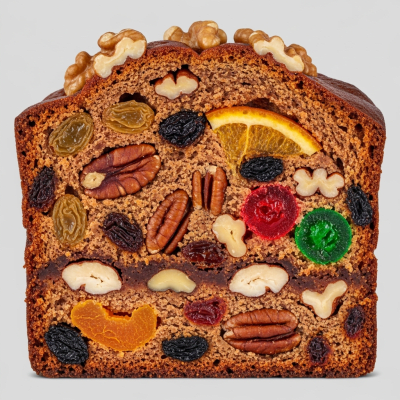 Detailed cross-sectional view of a sliced Fruitcake (cake), showing internal layers, textures, and ingredients