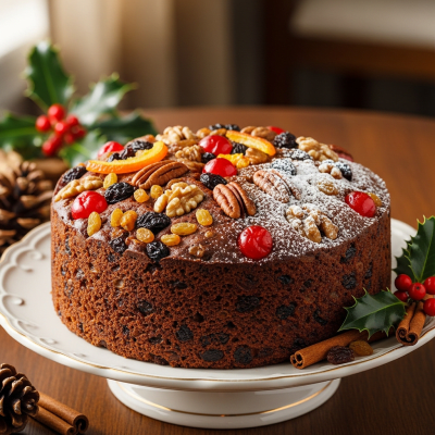 A realistic image of a whole Fruitcake (cake) displayed on a classic dessert table in a home or bakery setting