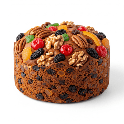 High quality studio photograph of a Fruitcake from the cake taxonomy