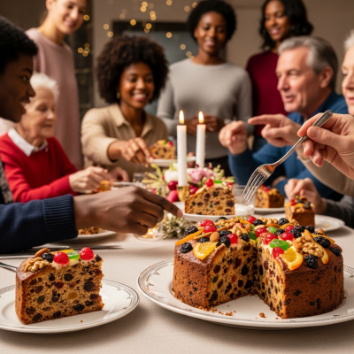 A scene showing the Fruitcake (cake) being served or enjoyed at a festive occasion, such as a birthday party or wedding