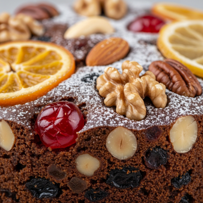 Close-up macro photograph of the surface texture and decoration of a Fruitcake (cake)