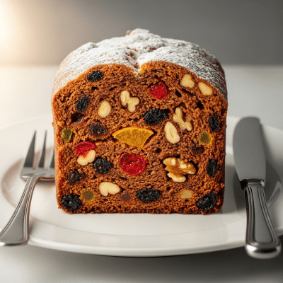 An image of a single slice of Fruitcake, from the cake taxonomy, isolated on a plate with simple cutlery
