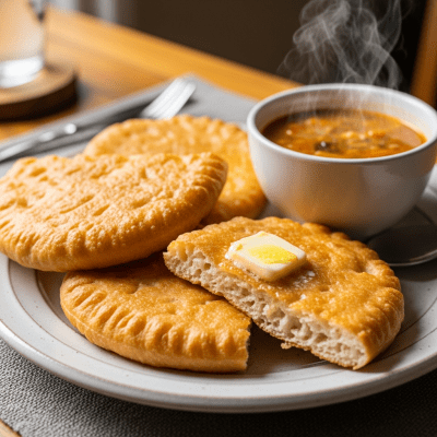 Photograph of Frybread, shown being served or eaten as part of a meal