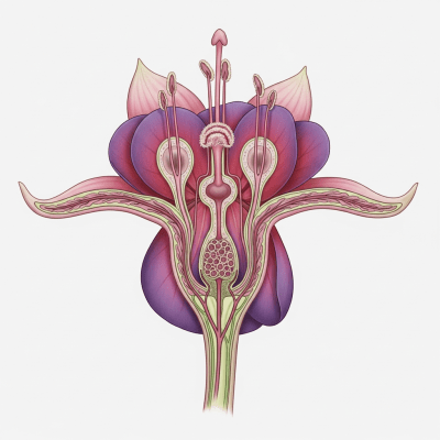 Cross-sectional illustration of a Fuchsia (flowers), showing internal parts such as stem, petals, and reproductive organs