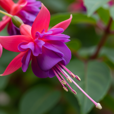 Detailed macro image of a Fuchsia (flowers), focusing on the intricate structure of petals, stamens, and pistil