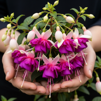 Photograph of a Fuchsia (flowers) being held or interacted with by a person in a gentle way
