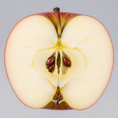 A close-up image showing a cross-section of a Fuji of the taxonomy apples, sliced cleanly in half to reveal internal structure, seeds, and flesh