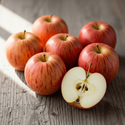 A simple arrangement showing several whole and one cut-open Fuji, displayed on a wooden surface