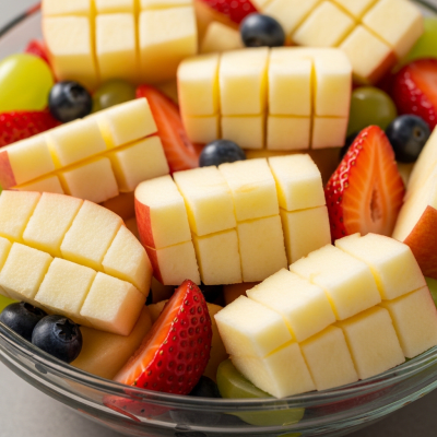 A photograph of a freshly sliced Fuji of the taxonomy apples, presented as part of a fruit salad in a clear bowl