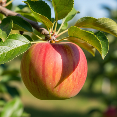 A naturalistic photograph of a Fuji, hanging on its tree branch with leaves visible