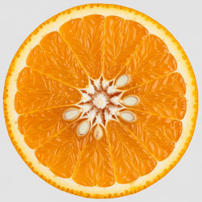 A detailed close-up cross-sectional image of a Fukumoto Navel Orange from the oranges taxonomy, sliced cleanly in half to reveal the interior segments, pulp, and rind structure