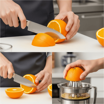 A realistic depiction of a Fukumoto Navel Orange from the oranges taxonomy being used in a culinary context, such as being sliced on a cutting board or prepared for juice