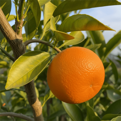 A naturalistic scene featuring a Fukumoto Navel Orange from the oranges taxonomy growing on a tree with leaves and branches visible