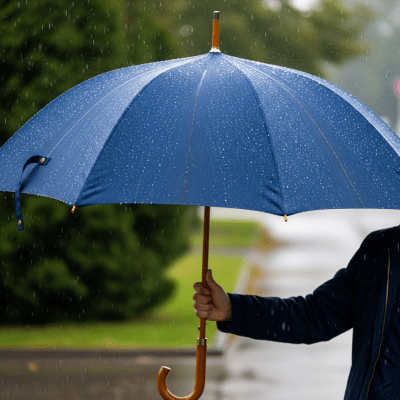 A realistic image of a Full-size Umbrella (umbrellas) being used outdoors during a light rain, with droplets visible on the umbrella surface