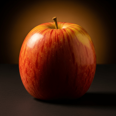 Editorial-style image of a single Gala from the taxonomy apples, dramatically lit against a dark gradient background to highlight color and texture.