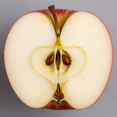 A close-up image showing a cross-section of a Gala of the taxonomy apples, sliced cleanly in half to reveal internal structure, seeds, and flesh