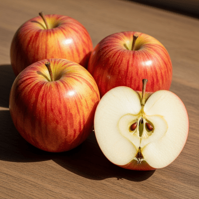 A simple arrangement showing several whole and one cut-open Gala, displayed on a wooden surface