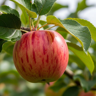 A naturalistic photograph of a Gala, hanging on its tree branch with leaves visible