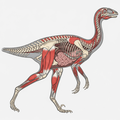 Detailed anatomical cross-section illustration of a Gallimimus