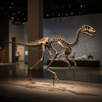 Museum exhibit style rendering of a single Gallimimus