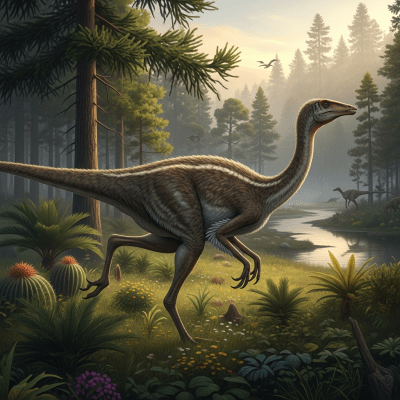 Realistic depiction of a Gallimimus in its prehistoric natural environment