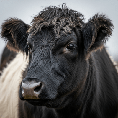 Close-up photograph of the head and face of a Galloway, focusing on distinctive features such as eyes, ears, and fur texture