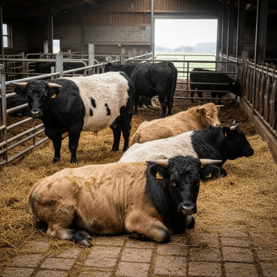 Documentary-style image of a Galloway in a barn or shelter environment, showing typical housing conditions for cows