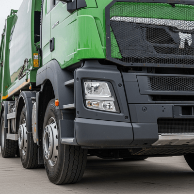 Close-up photograph focusing on distinctive details of a Garbage Truck from the trucks taxonomy