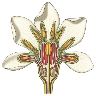 Cross-sectional illustration of a Gardenia (flowers), showing internal parts such as stem, petals, and reproductive organs