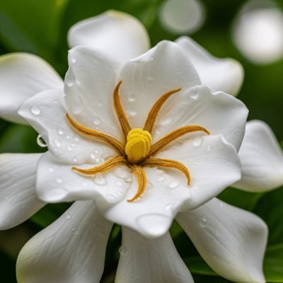 Detailed macro image of a Gardenia (flowers), focusing on the intricate structure of petals, stamens, and pistil