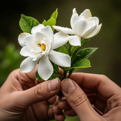 Photograph of a Gardenia (flowers) being held or interacted with by a person in a gentle way
