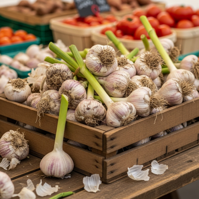 Image showing freshly harvested Garlic, displayed in a farmer's market basket or crate