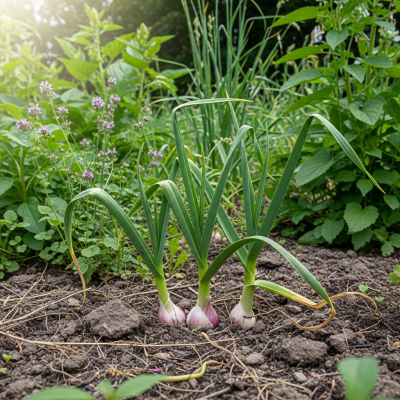 Naturalistic image of a Garlic in its typical growing environment, as found in nature or a cultivated garden