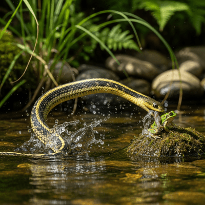 A dynamic action shot of a Garter Snake, part of the taxonomy reptiles, in motion such as climbing, swimming, basking, or hunting in its environment