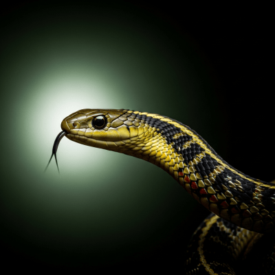 A striking, editorial-style portrait of a Garter Snake (reptiles) in dramatic lighting.