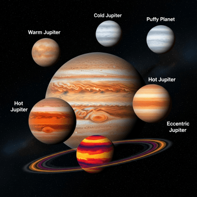 Illustration of a Gas giant (planets) as it might appear in an educational context, with canonical example planets shown nearby for reference