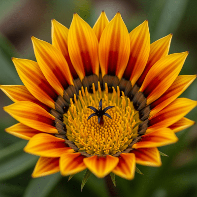 Detailed macro image of a Gazania (flowers), focusing on the intricate structure of petals, stamens, and pistil