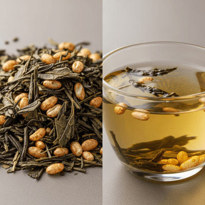 Cross-sectional close-up of a Genmaicha