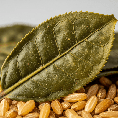 Macro photograph focusing on the texture and details of Genmaicha leaves, within the taxonomy teas