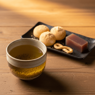 Still life image of a prepared cup of Genmaicha