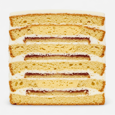 Detailed cross-sectional view of a sliced Genoise (cake), showing internal layers, textures, and ingredients